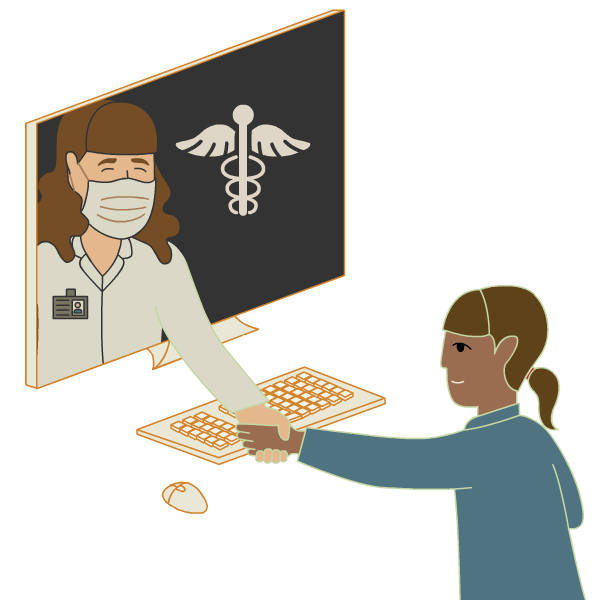 patient shak荷兰国际集团(ing) h和s of a doctor through a monitor 