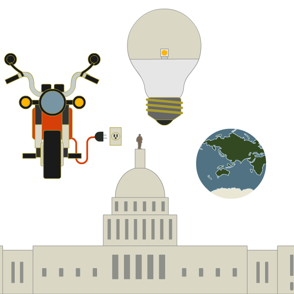 globe, light bulb 和 electric bike hover荷兰国际集团(ing) over the U.S. 国会大厦